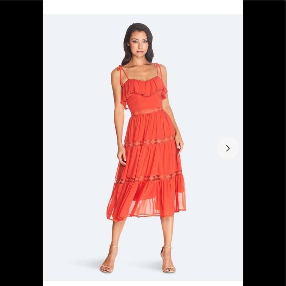 Dress the Population Coral Ruffle Midi Dress